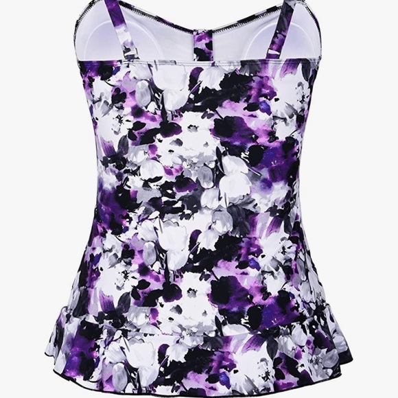 Hilor Women's 50's Retro Ruched Tankini Swimsuit Top with Ruffle Hem. Size 8 - Picture 3 of 7